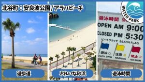 安良波公園、アラハビーチ：遊歩道、キレイな砂浜、遊泳時間