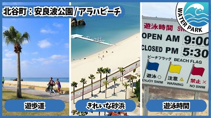 安良波公園、アラハビーチ:遊歩道、キレイな砂浜、遊泳時間