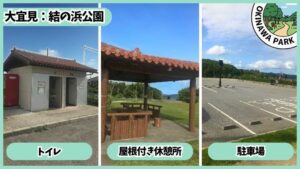 結の浜公園：トイレ、屋根付き休憩所、駐車場