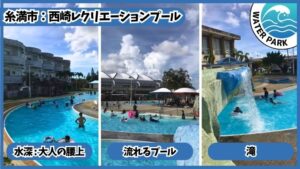 西崎レクリエーションプール：流れるプール、水深は大人の腰上、滝