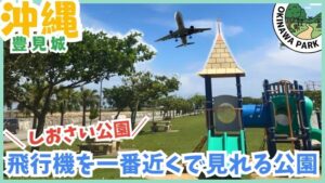 沖縄の海を臨む、開放感あふれる「しおさい公園」 青空と海の景色をバックに、カラフルな遊具で遊ぶ子どもたちの笑顔 海沿いの遊歩道を散歩する人々、家族でピクニックを楽しむ様子