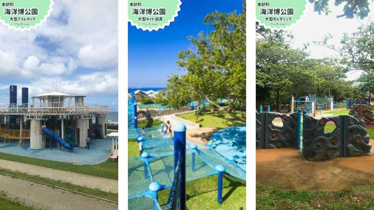 沖縄本島北部の大自然に囲まれた「海洋博公園」のイラスト 青空と青い海、緑豊かな公園を背景に、楽しそうに遊ぶ子供たちの姿が描かれています。 公園内の施設や遊具、海の景色もイラストで表現されています。
