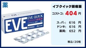 コストコの料金比較、EVE、イブクイック頭痛薬