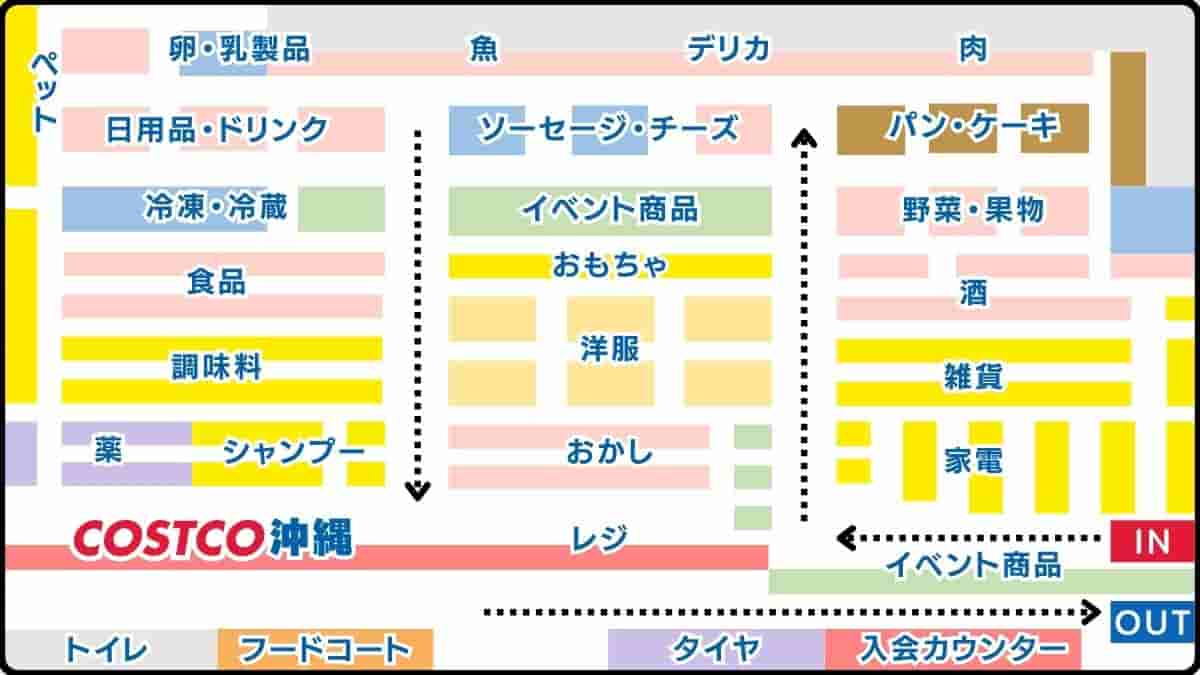 コストコ沖縄南城倉庫店店内マップ売り場配置図入口レジフードコート在庫場所